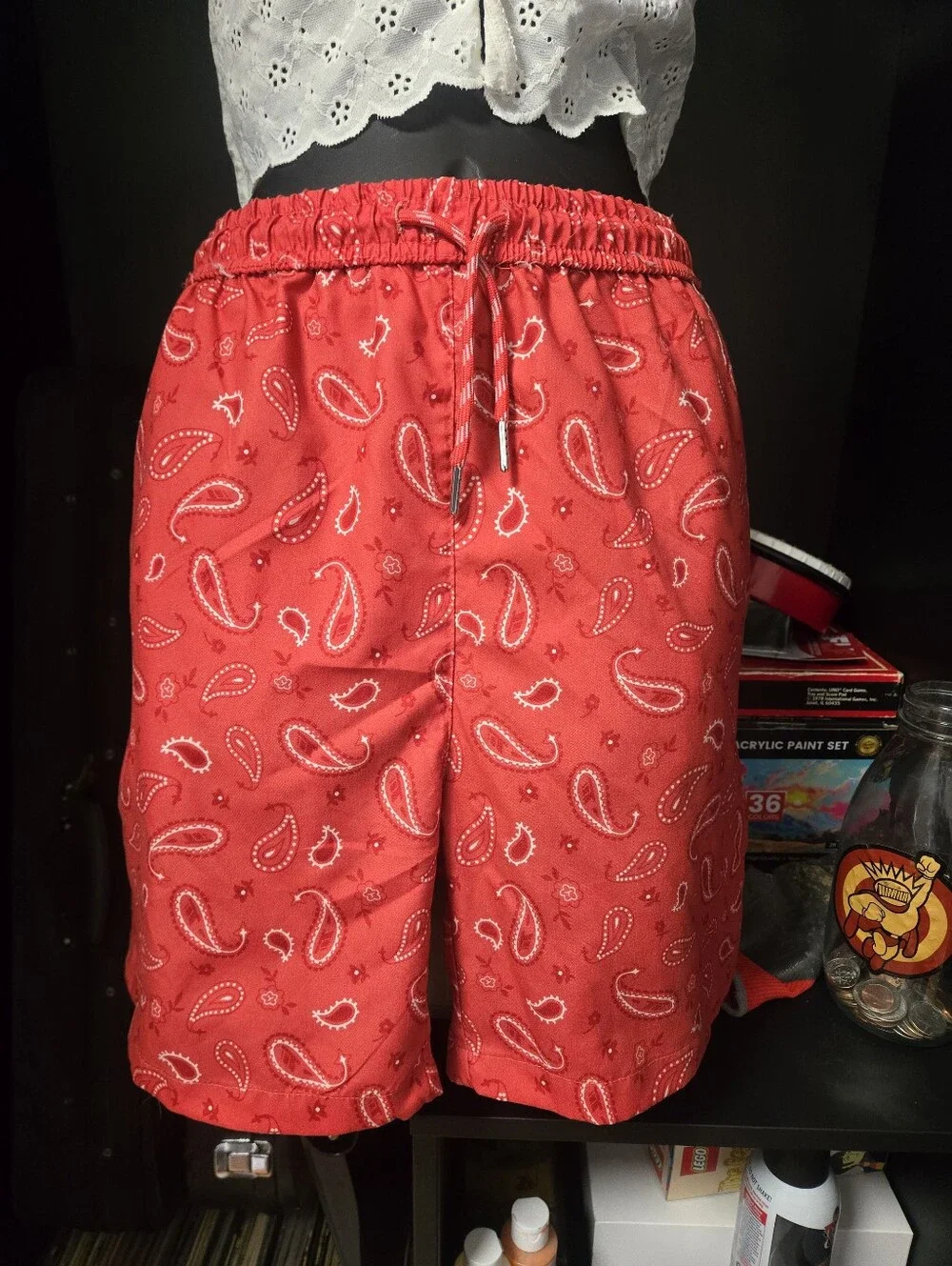CONSEQUENCE Red Paisley Bandana Print Swim Trunks | Board Shorts, Size M